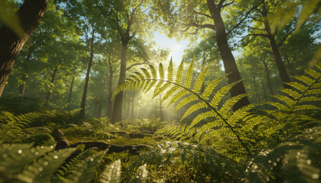 A vibrant and detailed depiction of photosynthesis light capture in a lush green forest. In the foreground, healthy green leaves glisten with moisture, their veins illuminated by dappled sunlight filtering through the canopy above. The middle layer features sunlight streaming down, creating dynamic patterns of light and shadow on the forest floor. In the background, tall trees rise majestically, their rich foliage filled with an array of greens, contrasting against a soft blue sky. The atmosphere feels alive and invigorating, capturing the essence of energy flow in biological systems. Use a soft focus on the edges to draw attention to the leaves, highlighting their intricate structure. The scene conveys a sense of harmony and connection with nature, symbolizing the power of energy in sustaining life.