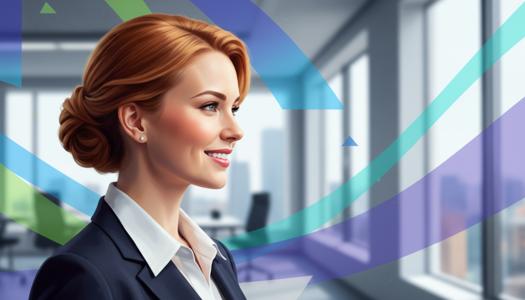 A vibrant and engaging digital portrait of a beautiful Caucasian woman in professional business attire, confidently showcasing her profile. The foreground features her elegantly styled hair and a warm, inviting smile, establishing connection and approachability. In the middle ground, a softly blurred urban office space with natural light streaming through large windows suggests a modern work environment, emphasizing professionalism. The background includes abstract shapes and colors that subtly represent digital identity and creativity, enhancing the mood of self-expression. The lighting is bright yet soft, highlighting her features without harsh shadows. The angle is slightly turned to accentuate her profile, creating a sense of depth and focus on her digital persona while conveying optimism and empowerment in the digital age.