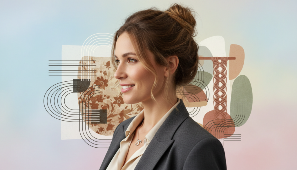 A vibrant and engaging profile image featuring a beautiful Caucasian figure with an aura of creativity and individuality. The subject, dressed in modern business attire, should be positioned in the foreground, slightly turned towards the viewer, projecting confidence and approachability. In the middle ground, abstract shapes and colorful patterns symbolize popular aesthetic styles such as minimalism, vintage, and bohemian, creating a dynamic sense of style. The background should be softly blurred with pastel colors, evoking a calming atmosphere that enhances the subject's presence. The image should be illuminated with soft, natural light to create gentle shadows and highlights that enhance facial features. Use a close-up lens to capture details that convey the mood of exploration and innovation in profile picture customizations.