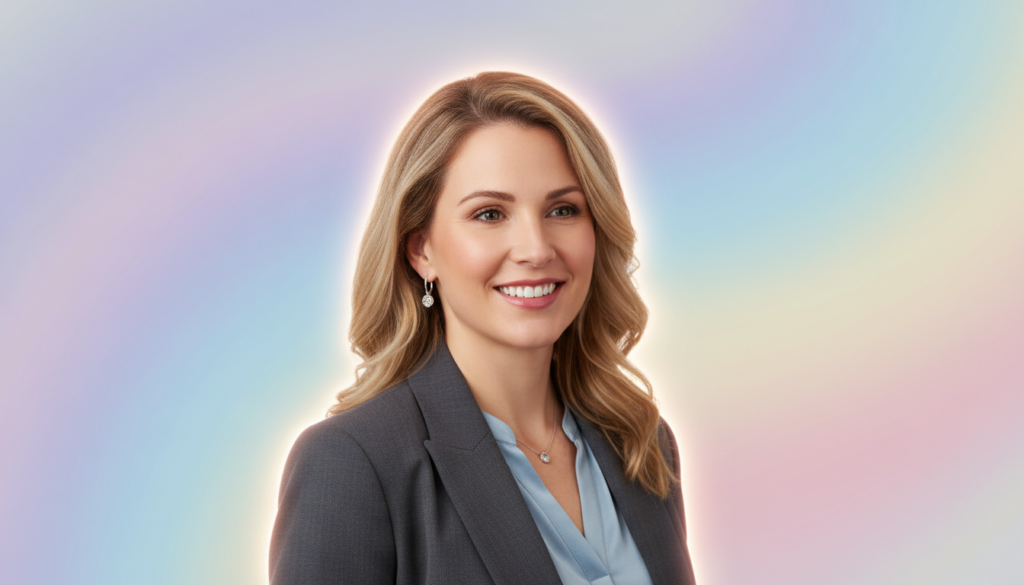 A vibrant and engaging profile image featuring a beautiful Caucasian woman with a warm smile, dressed in professional business attire. She should be positioned in the foreground, facing slightly to the right, showcasing her confident demeanor. The background should consist of a soft-focus, dreamy gradient of pastel colors, creating an ethereal aura effect that symbolizes creativity and individuality. Use soft, diffused lighting to enhance her features and create a radiant glow around her. The angle should be slightly above eye level, providing a flattering perspective. The mood should be uplifting and inspiring, reflecting the theme of self-expression through custom profile pictures.