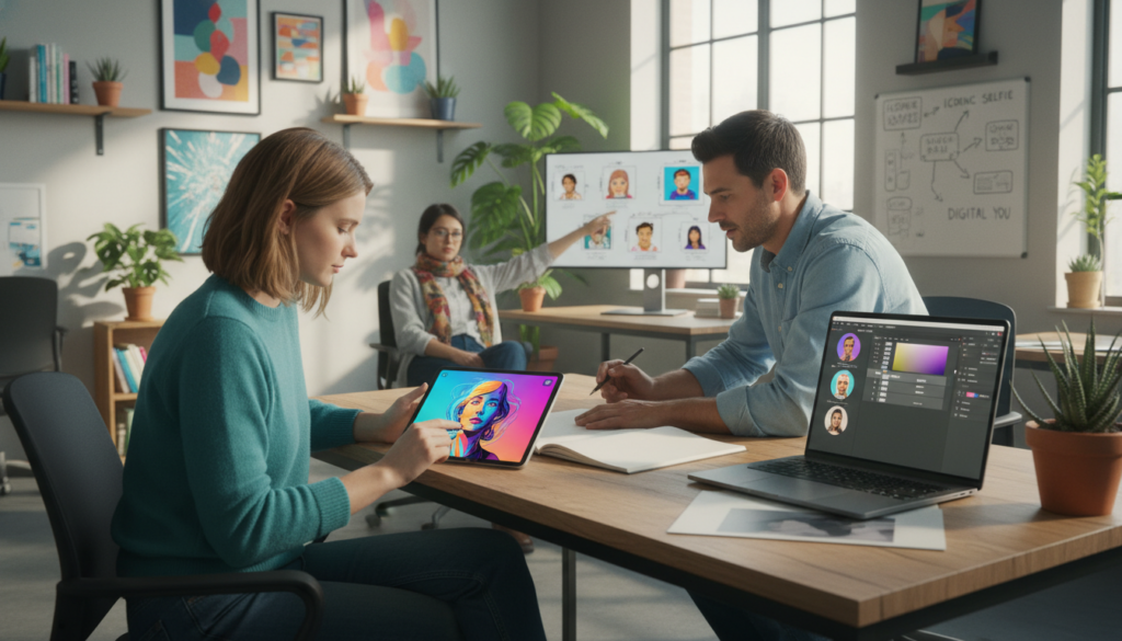 A vibrant and modern workspace scene, showcasing a group of three individuals designing custom profile pictures on sleek digital devices. In the foreground, a professional Caucasian woman dressed in smart casual attire, focused on her tablet displaying a colorful, dynamic profile picture design. The middle layer features a Caucasian man in a button-down shirt, brainstorming ideas on a notepad next to a laptop, filled with various tools and graphics. The background shows a bright, airy room with creative artwork and plants, illuminated by soft natural light streaming through large windows. The atmosphere is collaborative and inspiring, filled with creativity and innovation, perfect for designing eye-catching profile pictures.