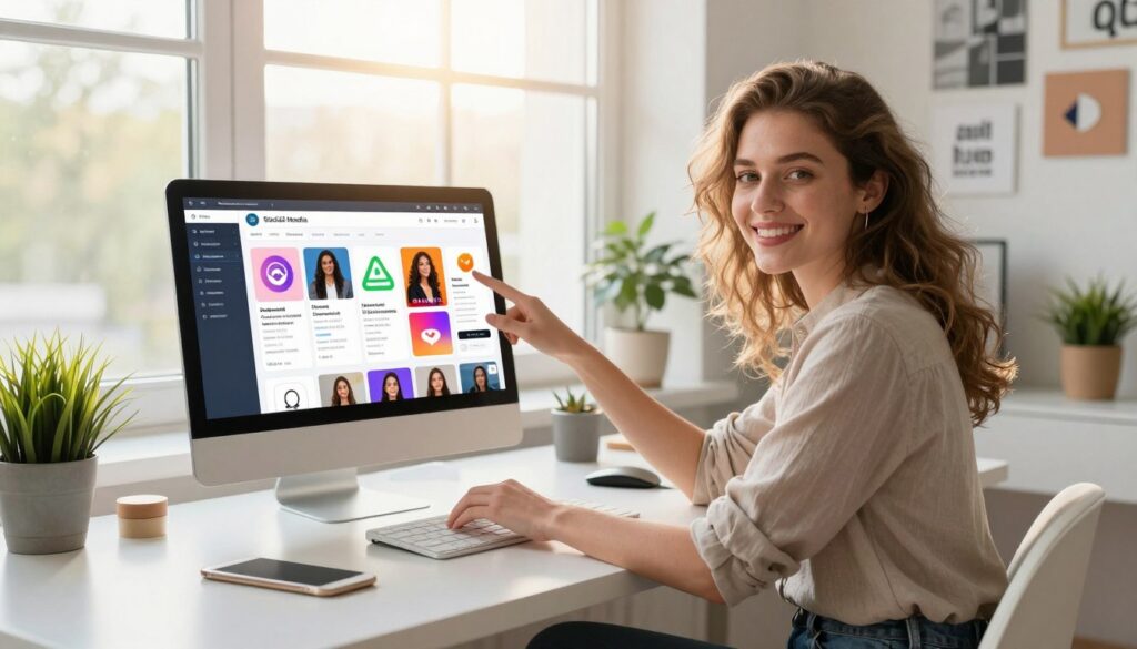 A vibrant digital workspace filled with an array of open social media apps on a sleek laptop, showcasing diverse engagement metrics and colorful posts. In the foreground, a beautiful Caucasian woman in smart casual attire poses confidently, capturing the viewer’s attention. She is smiling and interacting with the screen as if sharing her insights, her aura glowing with positive energy. In the middle ground, an organized desk adorned with plants and motivational quotes adds a personal touch. In the background, a large window lets in soft, warm sunlight, creating a bright and inviting atmosphere. The overall mood radiates vibrancy and connectivity, emphasizing the importance of social media in cultivating a strong personal presence, captured in a dynamic, engaging angle.