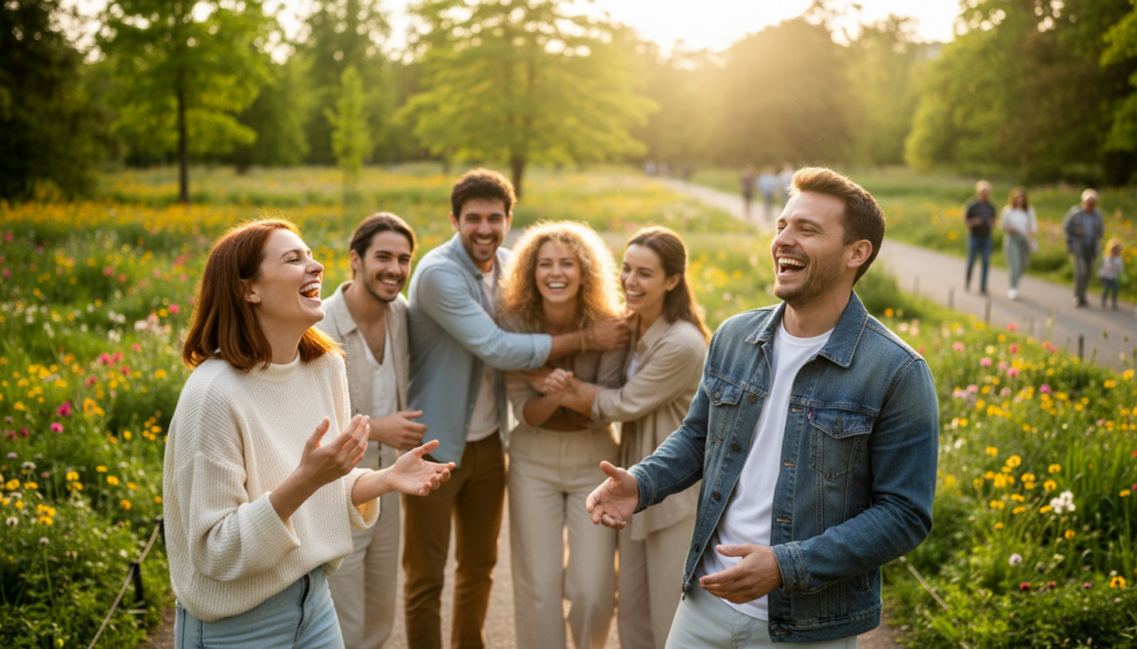 A vibrant scene depicting a diverse group of beautiful Caucasian individuals engaging in joyful conversation, radiating positive energy and connection. In the foreground, two people are laughing together, dressed in stylish yet modest casual clothing. In the middle ground, a small circle of friends shares a group hug, their expressions glowing with happiness. The background features a sunny park filled with lush greenery and blooming flowers, enhancing the uplifting atmosphere. Use warm, golden lighting to create a welcoming and cheerful mood. Capture the moment from a slightly elevated angle, showcasing the depth of connection in their interactions, with soft focus on the background to emphasize the joy in the foreground. The overall ambiance should convey a sense of unity and shared vibes, inspiring positivity.