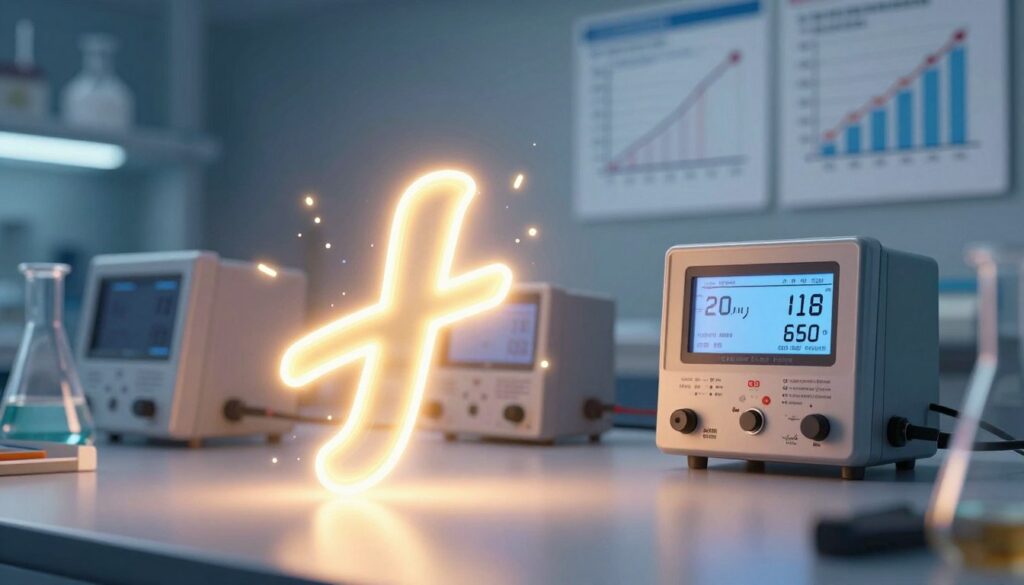 A vivid illustration of a joule unit, represented as a glowing, dynamic energy icon in the foreground, radiating vibrant light. In the middle ground, display high-tech measuring instruments, such as an energy meter and digital displays, showcasing data related to power and energy in a scientific context. The background features a sleek laboratory environment filled with graphs and diagrams related to energy measurements, suggesting a modern scientific atmosphere. Utilize soft, ambient lighting to create a harmonious and uplifting mood, emphasizing enlightenment and discovery. The composition should be shot at a slight angle to give depth and interest, while maintaining a clear focus on the joule unit and energy instruments, ensuring an engaging and educational visual experience.