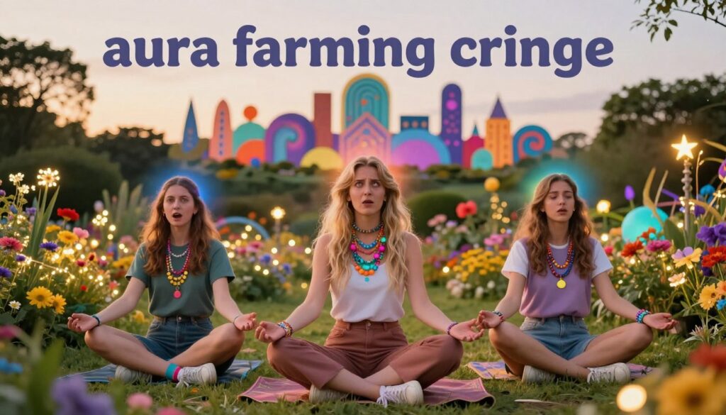 A whimsical scene depicting "aura farming cringe" in a vibrant outdoor setting. In the foreground, a group of three stylish, young Caucasian individuals dressed in casual but trendy attire—each wearing colorful accessories—striking exaggerated yoga poses to enhance their auras. Their facial expressions are overly enthusiastic, bordering on awkward, embodying the cringe aspect of trying too hard. In the middle ground, a lush garden filled with radiant flowers and sparkling fairy lights illuminates the space, casting a warm, inviting glow. In the background, a skyline of colorful, abstract shapes and swirling patterns represents heightened vibes. The image is bathed in soft golden hour lighting, captured from a slightly low angle to emphasize the characters and their exaggerated postures, creating a playful yet slightly cringe-worthy atmosphere.