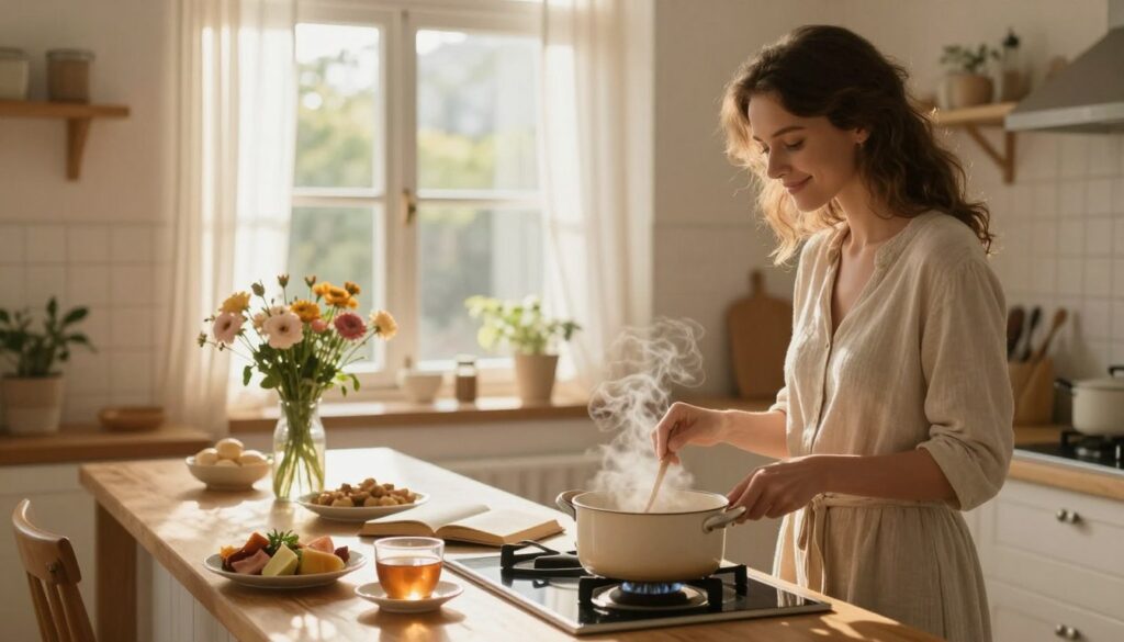 An inviting cozy kitchen filled with warm, soft golden light, exuding a sense of calm and comfort. In the foreground, a beautiful Caucasian woman in a modest casual outfit is gently stirring a pot on the stove, her expression serene and joyful. In the middle, a wooden dining table adorned with fresh flowers and a few cozy dishes creates a welcoming atmosphere, while a cup of steaming tea rests beside a well-loved book. The background features a window with sheer white curtains, allowing soft natural light to stream in, illuminating greenery outside and the overall scene, fostering a peaceful, romanticized vibe of everyday life. The composition captures a moment of tranquility, encouraging viewers to appreciate the beauty in daily rituals.