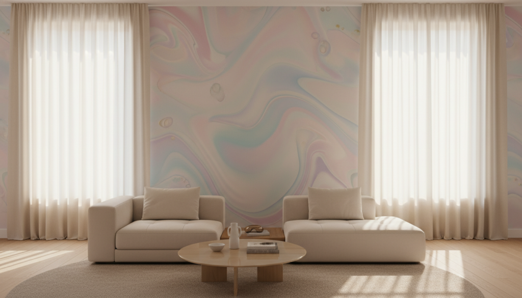 Create an enchanting image of aura wallpaper that radiates elegance and serenity. In the foreground, showcase a beautifully textured wall adorned with a subtle pattern of soft, flowing colors reminiscent of iridescent light. In the middle ground, include a tastefully arranged living space featuring minimalist furniture, such as a sleek couch and a contemporary coffee table, accenting the aura wallpaper. The background should reveal a softly lit room with large windows draped in sheer curtains, allowing natural light to filter gently, enhancing the overall atmospheric quality. Employ a warm color palette with soft pastels and harmonious shades to evoke a sense of calm and sophistication. The mood is uplifting and inviting, perfect for elevating any space with a touch of elegance.