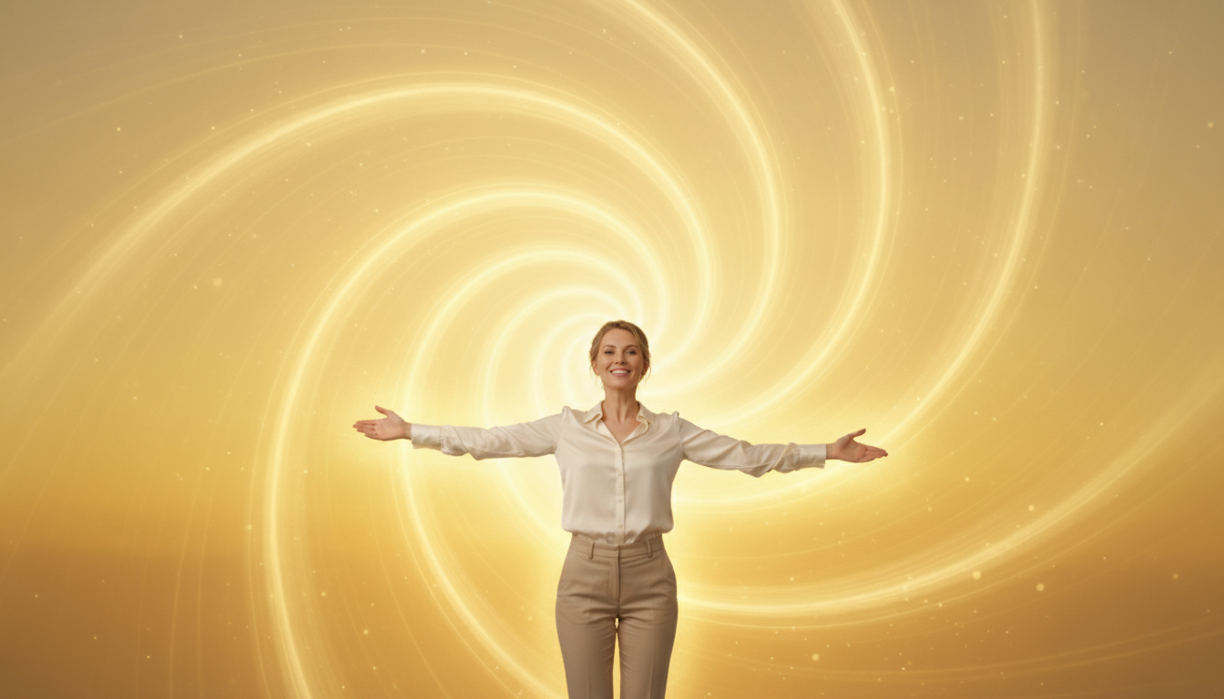 A vibrant burst of yellow solar plexus energy radiating outward in a harmonious swirl, representing the essence of mental clarity and positivity. In the foreground, a beautiful Caucasian figure stands with arms outstretched, embodying confidence and joy, dressed in casual yet professional attire. The middle layer features a soft glow of golden yellow light encircling the figure, creating an aura that symbolizes wisdom and clarity. The background softly fades into warm, sunny hues of yellow and gold, suggesting an uplifting atmosphere filled with positivity. Use soft, diffused lighting that enhances the warmth of the colors, capturing a serene and uplifting mood. The angle should be slightly raised, emphasizing the expansive feel of the energy surrounding the figure.