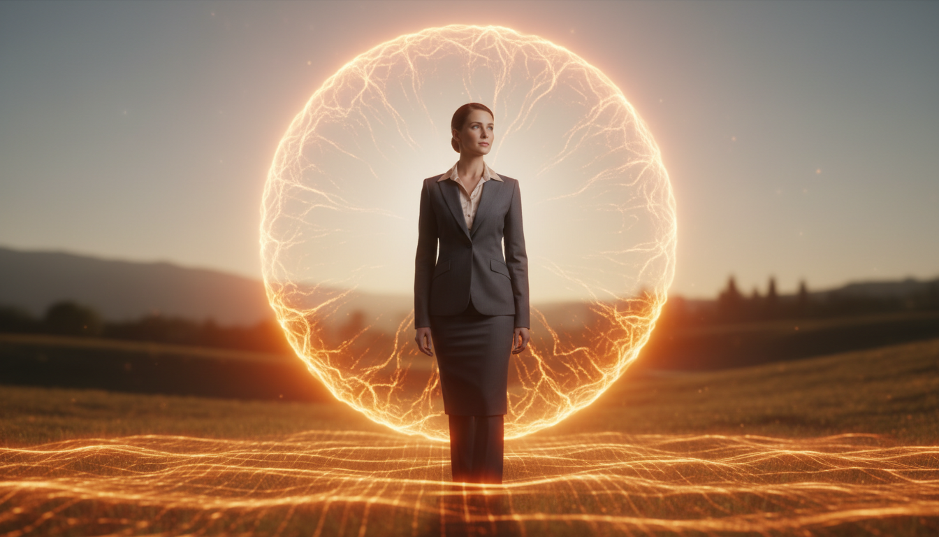 A luminous orange aura radiates around a serene and confident Caucasian figure standing in a tranquil, ethereal environment. The foreground features subtle waves of orange light, gently pulsating like flames, symbolizing creativity and emotional intelligence. In the middle ground, soft patterns of orange and warm gold swirl, creating a vibrant tapestry that embodies a sense of warmth and inspiration. The background fades into a muted, dreamlike landscape, bathed in soft sunlight, enhancing the overall warmth of the scene. The lighting is golden and soft, casting gentle shadows and creating a glowing atmosphere. The figure, dressed in professional business attire, gazes thoughtfully into the distance, encapsulating a mood of introspection and inner strength, evoking a sense of creative energy and emotional depth throughout the image.