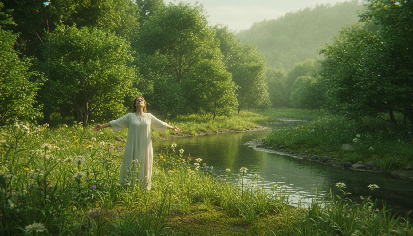 A serene and vibrant scene depicting a lush green landscape symbolizing healing energy. In the foreground, a beautiful Caucasian woman in modest, flowing attire stands with her arms open wide, embracing the surrounding nature. Her expression is peaceful and inviting, radiating a sense of calm. In the middle ground, various shades of green trees and plants flourish, creating a harmonious and restorative atmosphere. Soft sunlight filters through the leaves, casting gentle dapples on the ground, enhancing the healing vibe. In the background, a gentle stream flows, its clear waters reflecting the green surroundings, while distant, misty hills create a tranquil depth. The overall mood is peaceful and rejuvenating, embodying the essence of a green aura. Cinematic lighting with a slightly blurred background to emphasize the subject's connection to nature.