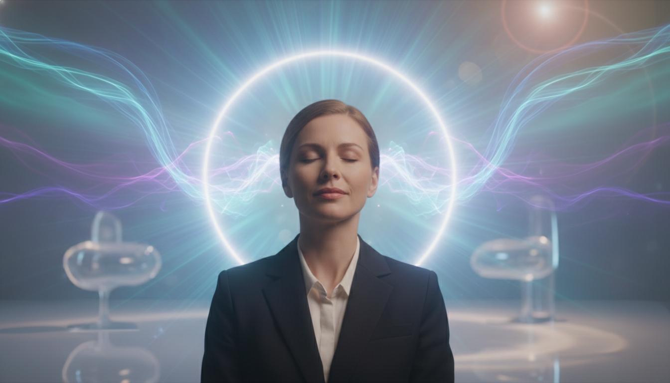 A mesmerizing energy field, embodying a blend of vibrant colors like azure, violet, and emerald, radiating outward in soft waves. In the foreground, a serene, beautiful Caucasian figure is at peace, dressed in professional business attire, eyes closed, surrounded by a halo of shimmering light that glows and pulsates with energy waves. The middle ground features a subtle aura of swirling colors that ebb and flow, hinting at emotional depth and spiritual connection. In the background, soft, ethereal shapes suggest a tranquil environment, casting gentle reflections of light, enhancing the mystical atmosphere. The scene is illuminated by a warm, ambient glow, with a slight lens flare for depth. The mood is calm, inviting, and introspective, encouraging viewers to contemplate the nature of their inner energy.