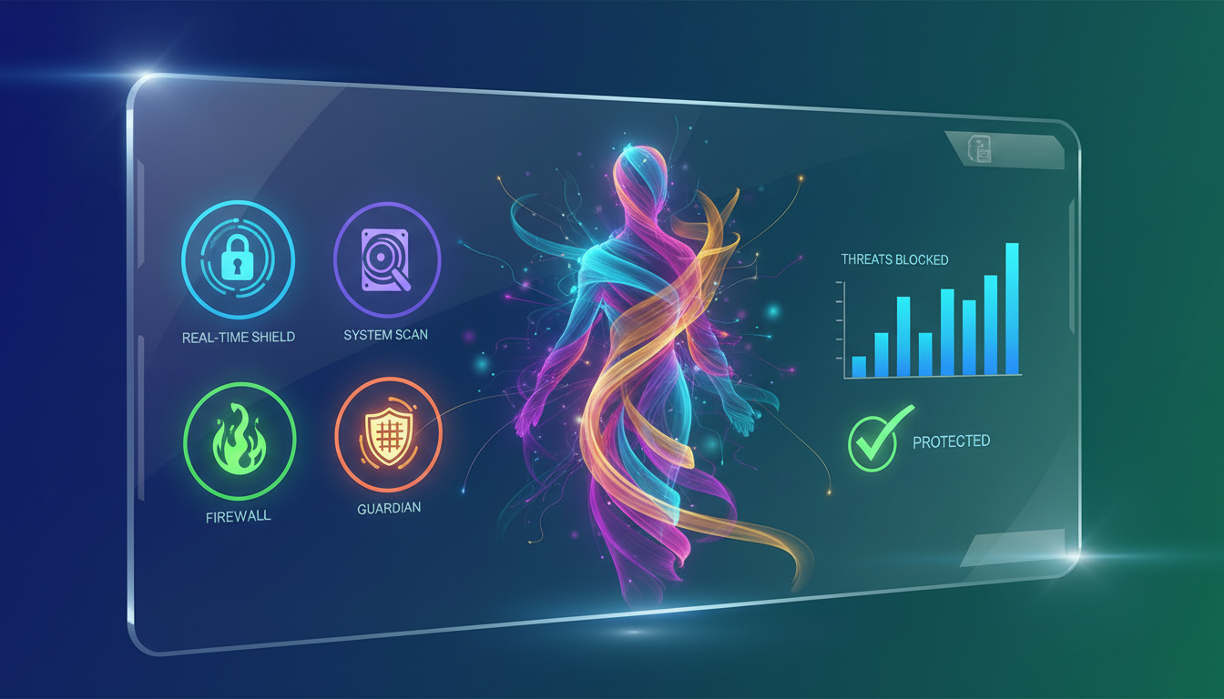 A sleek, modern interface of an antivirus software dashboard commands the foreground, featuring vibrant icons representing core features like real-time protection, scanning, and firewall settings. In the middle ground, a digital representation of an aura with colorful energy waves emanates, symbolizing the software's ability to safeguard an individual's unique energetic signature. The background is a soft, gradient blend of blue and green hues, enhancing the technological and protective atmosphere. The lighting is bright and futuristic, with subtle glows highlighting the software features. The overall mood is empowering and secure, evoking a sense of safety and innovation. The composition is professionally styled, emphasizing a clean and user-friendly design.