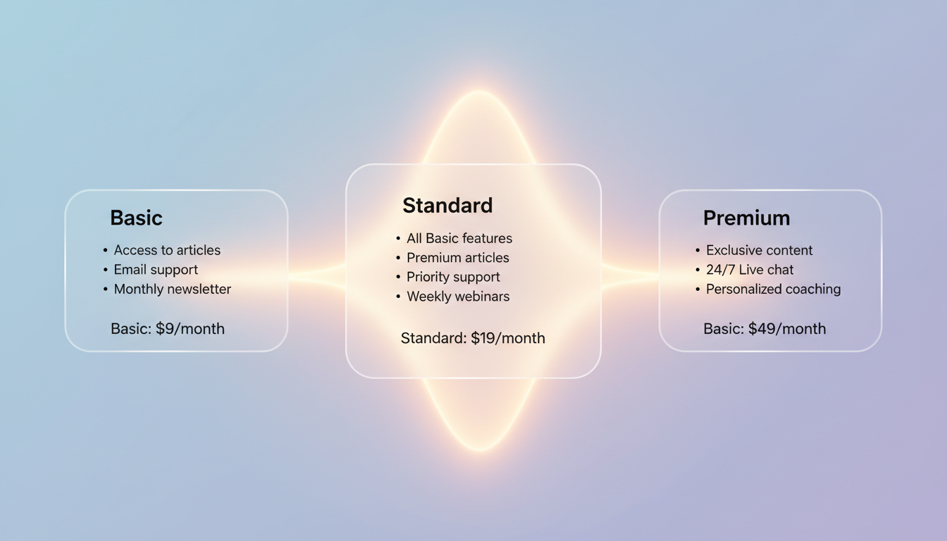 A visually engaging comparison of subscription plans and pricing, featuring a minimalist design. In the foreground, elegant and well-organized pricing cards with distinct tiers labeled as "Basic", "Standard", and "Premium", each card displaying unique benefits. In the middle, a soft, glowing aura emanates from the cards, symbolizing the concept of energy and personal connection. The background showcases a calming gradient ranging from soft blue to light lavender, enhancing the feel of mindfulness and awareness. Warm, diffuse lighting creates an inviting atmosphere, with a slight focus on the pricing cards to draw the viewer's attention. The overall mood is professional yet tranquil, perfect for a business setting.