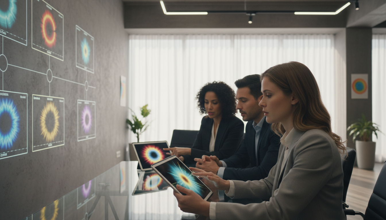 In a modern office setting, a team of three diverse professionals, all in smart business attire, gather around a sleek, glass conference table to evaluate colorful aura diagrams projected on a wall. The foreground captures a close-up of a Caucasian woman with thoughtful expression, examining a radiant aura image with vibrant energy colors. The middle layer showcases a diverse group, including a Caucasian man and a Hispanic woman, sharing insights and comparing their own aura visuals on tablets. The background is filled with soft, diffused lighting from large windows, casting a warm glow over the space, enhancing the atmosphere of collaboration and innovation. The mood is focused yet dynamic, reflecting a blend of professionalism and creativity in understanding unique energetic signatures.