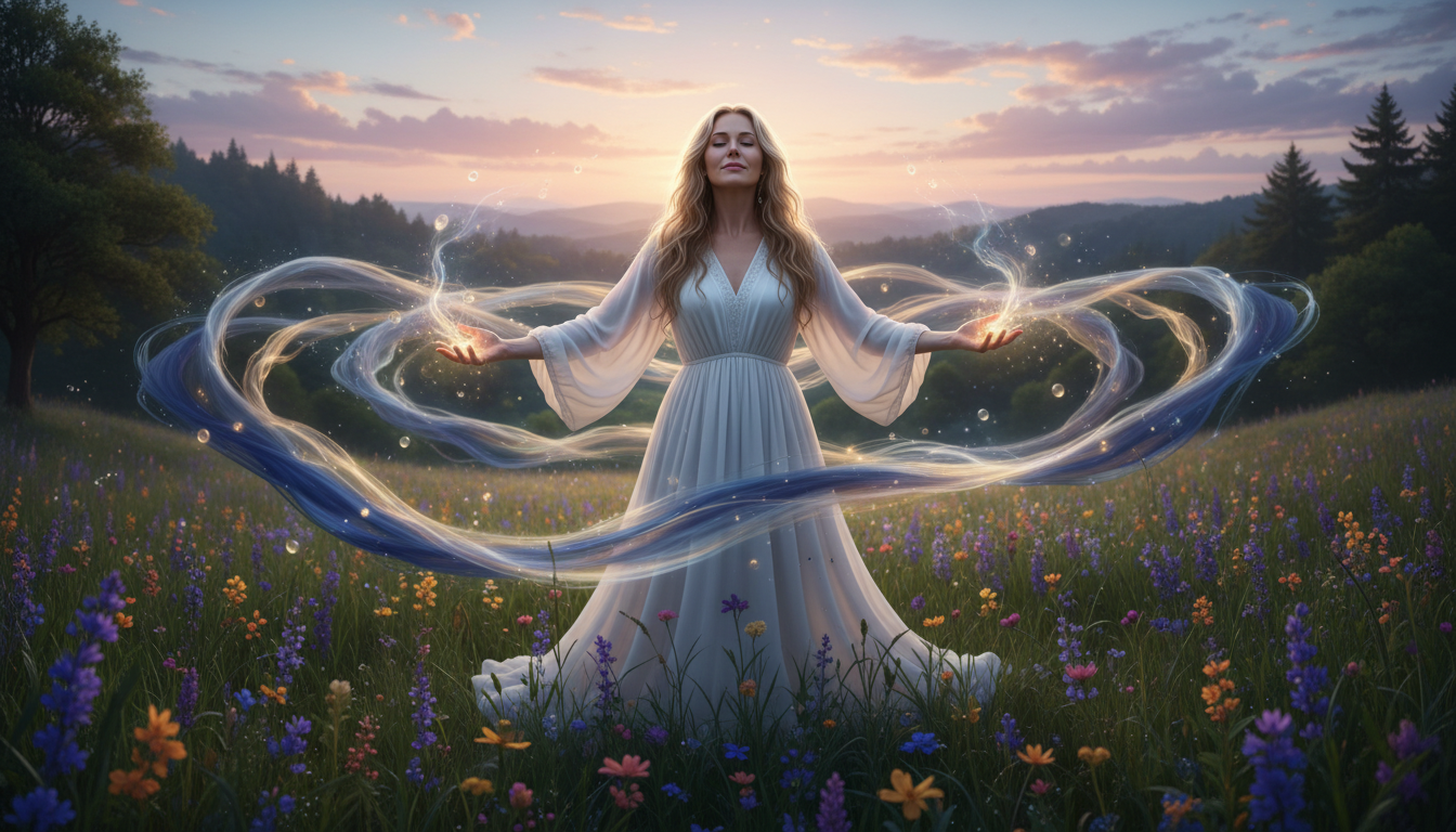 A serene landscape featuring a beautiful Caucasian woman in a flowing white dress, standing in a lush, vibrant meadow, her outstretched hands emitting soft, shimmering colors that resemble rare auras. The foreground captures her gentle expression, emphasizing her connection to the ethereal hues surrounding her. In the middle ground, a variety of unusual aura colors—deep indigos, shimmering silvers, and radiant golds—intertwine gracefully, creating a mesmerizing spectacle. The background showcases a gently rolling hill and a twilight sky filled with soft pastel clouds, with soft light illuminating the scene, capturing the magical atmosphere. The mood is tranquil and mystical, inviting viewers to explore the beauty of rare aura colors that exist beyond the typical spectrum.