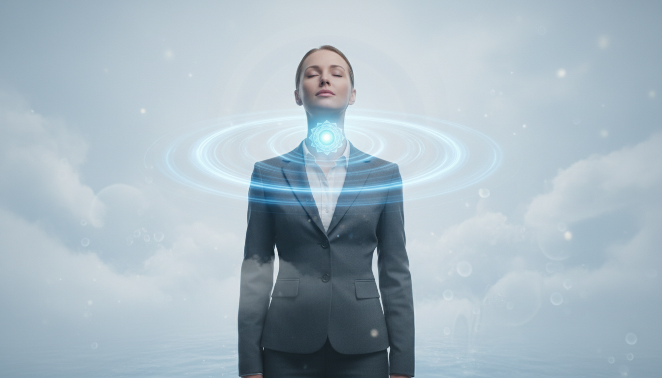 A serene representation of the throat chakra, illustrated as a glowing blue orb at the center of a beautiful Caucasian figure, dressed in professional business attire, standing confidently against a soft ethereal backdrop. The figure is positioned in the foreground, with their head slightly tilted upward, eyes closed in a meditative expression. Surrounding the throat chakra are gentle waves of light emanating in various shades of blue, symbolizing authentic communication and self-expression. The middle ground features subtle hints of natural elements like flowing water or gentle clouds, enhancing the healing aspect of the chakra. A soft, diffused light bathes the scene, creating a tranquil and inspiring atmosphere, captured from a slightly low angle to emphasize the empowerment of the figure and the vibrant energy of the chakra.